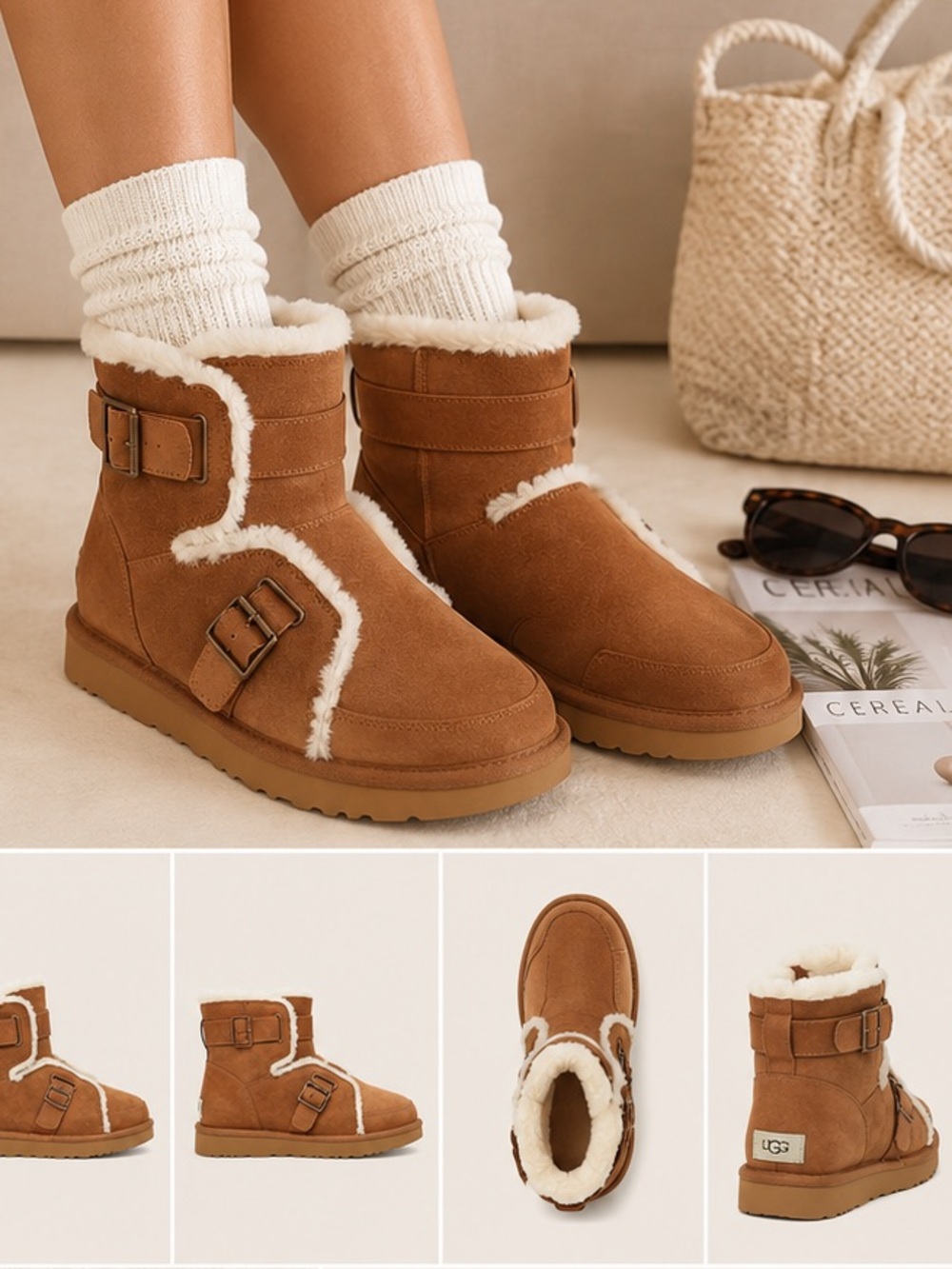 UGG Kids Chestnut Suede Shearling-Trim Buckle Boots